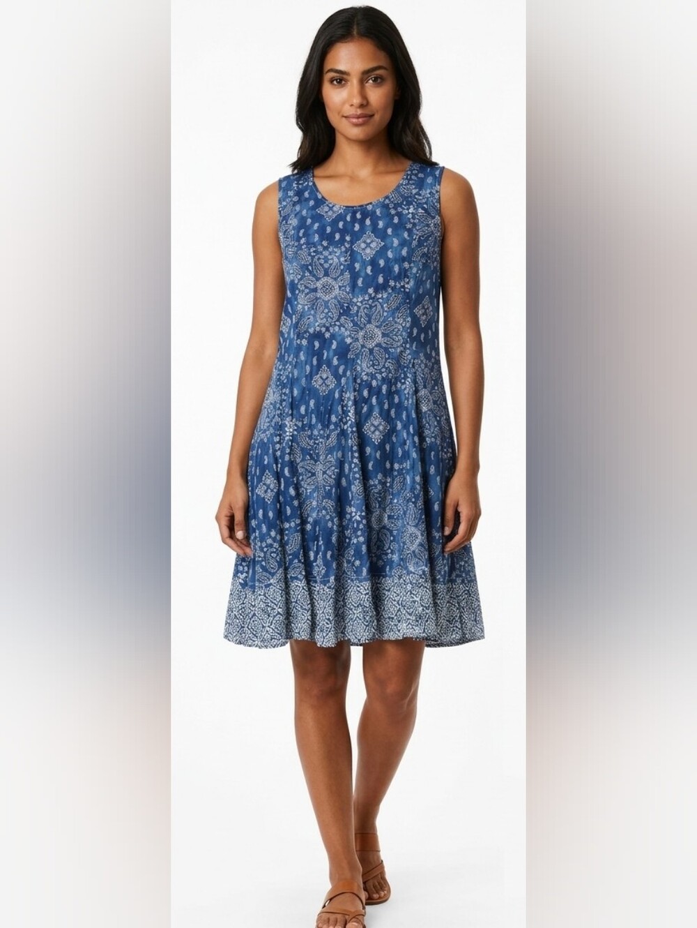 Nwt Cino Blue Art Paisley Print Crinkled Cotton Dress Made in India MOP Button